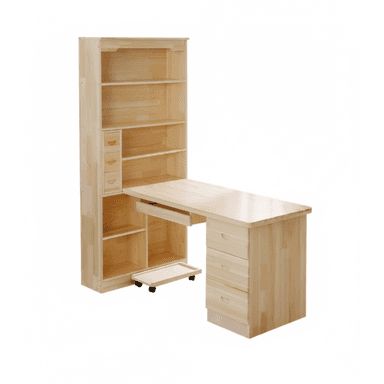 A natural pine wood desk and bookshelf combination unit, featuring a tall shelving section with multiple open shelves and small drawers, integrated with a desk that includes a work surface, keyboard tray, and a three-drawer pedestal, plus a mobile platform. — 3D model (AI enhanced source)