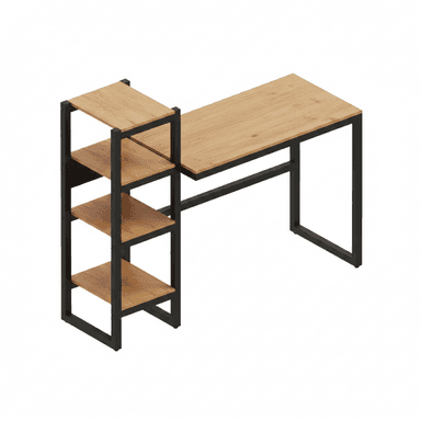 An industrial-style desk featuring a rectangular light wood-look tabletop supported by a black metal frame. An integrated multi-tier shelving unit with matching wood-look shelves and a black metal frame is attached to one side, forming an L-shaped configuration. — 3D model (AI enhanced source)