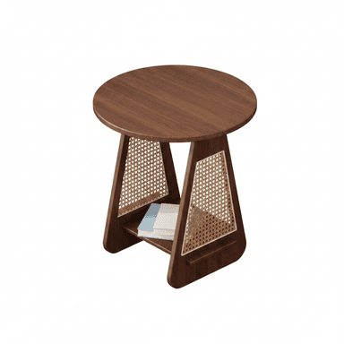 A compact round accent table constructed from dark wood, likely walnut, featuring a cane webbing design integrated into its splayed, triangular leg structure. It includes a lower shelf for storage or display. — 3D model (AI enhanced source)