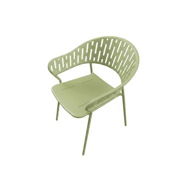 A modern pale green armchair featuring a perforated backrest and integrated armrests, constructed from what appears to be powder-coated metal with tapered legs. — 3D model (AI enhanced source)
