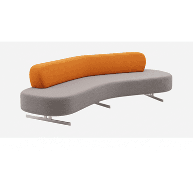 A modern, curved upholstered bench featuring a grey fabric seat and a separate, orange bolster-style backrest, supported by minimalist metal legs. — 3D model (AI enhanced source)
