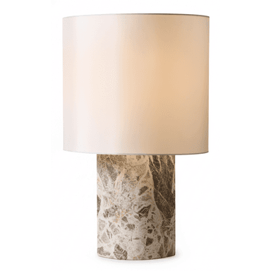 A contemporary table lamp featuring a cylindrical marble base with intricate natural patterns and a simple, light-colored fabric drum shade. — 3D model (AI enhanced source)