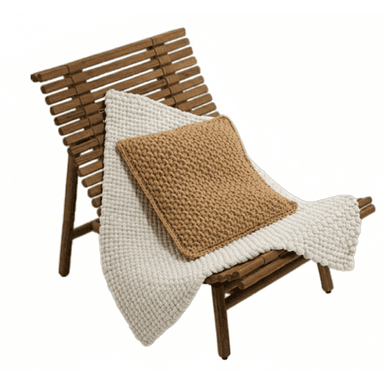 A modern reclining lounge chair constructed from parallel wooden slats, featuring a low profile and a natural wood finish. The chair is adorned with a textured off-white blanket and a chunky knit tan square pillow. — 3D model (AI enhanced source)