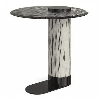 A modern C-shaped side table featuring a round, dark-toned textured top and a single cylindrical base with a light-colored wood grain pattern. The base terminates in a flat, dark, C-shaped foot designed to slide under furniture. — 3D model (AI enhanced source)