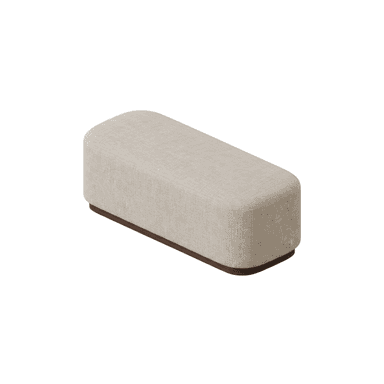 A rectangular ottoman with rounded corners, upholstered in a textured, light-colored fabric. It features a dark, possibly wood, base that slightly recesses from the upholstered body. — 3D model (AI enhanced source)