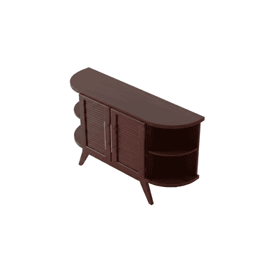 A dark reddish-brown demi-lune accent cabinet featuring two central louvered doors with vertical bar pulls. The cabinet is flanked by open, curved shelving units on both sides. It stands on four tapered and subtly splayed legs, supporting a half-moon shaped top surface. — 3D model (AI enhanced source)