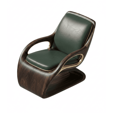 A sophisticated lounge chair featuring a continuous, curved frame crafted from dark-finished wood, possibly walnut, with a rich grain. The seat and backrest are upholstered in deep green, textured leather, providing a plush seating surface. Elegant brass accents are subtly integrated into the frame, highlighting its sculptural lines and adding a luxurious touch. The chair's design is contemporary with organic modern influences, characterized by its fluid form and material contrast. — 3D model (AI enhanced source)