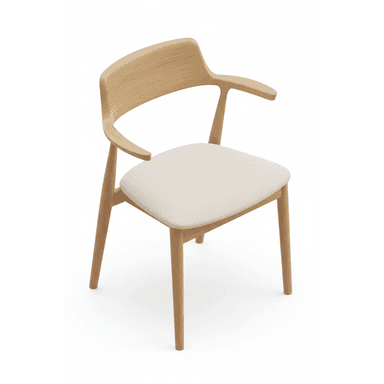 A modern armchair crafted from light-toned wood with a curved backrest and integrated armrests, featuring a comfortable upholstered seat in a neutral fabric. — 3D model (AI enhanced source)