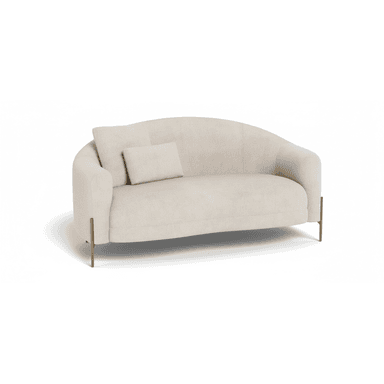 A modern loveseat featuring a gracefully curved backrest and integrated arms, upholstered in a light-colored, textured fabric. It stands on slender, angled brass legs, giving it a refined and contemporary appearance. A single rectangular lumbar pillow accompanies the piece. — 3D model (AI enhanced source)