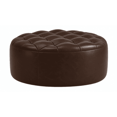 A dark brown round ottoman featuring a deeply tufted top surface and smooth, upholstered sides. The tufting is evenly spaced, creating a classic, luxurious diamond pattern. The continuous side panel is seamless, contributing to its refined and substantial appearance. This piece is presented against a plain white background, highlighting its form and texture. — 3D model (AI enhanced source)