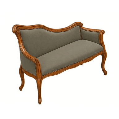 A two-seater settee featuring an exposed, ornate carved wooden frame with a polished finish. The design includes curvilinear forms, scrollwork, and cabriole legs. The seat, back, and arms are upholstered in a plain, muted grey-green fabric, meticulously outlined with decorative brass nailhead trim. The overall aesthetic is characteristic of Rococo Revival style furniture. — 3D model (AI enhanced source)