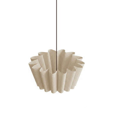 A modern pendant light featuring a cream-colored, pleated fabric shade, suspended by a dark cord. The shade has a distinctive scalloped or wavy edge, creating a soft, diffused light. — 3D model (AI enhanced source)