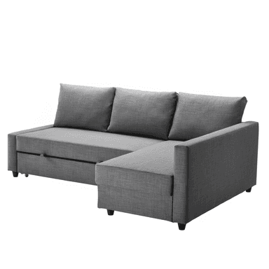 A modern, gray upholstered sectional sofa featuring a chaise lounge section and a visible pull-out mechanism for a convertible bed function. It has a minimalist design with straight lines, plump back cushions, and low-profile dark legs. — 3D model (AI enhanced source)
