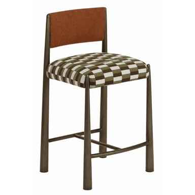 A contemporary bar stool featuring a dark bronze-finished metal frame, an upholstered seat with a green, white, and brown checkered pattern, and a solid brown upholstered backrest. It includes integrated footrests and tapered legs. — 3D model (AI enhanced source)