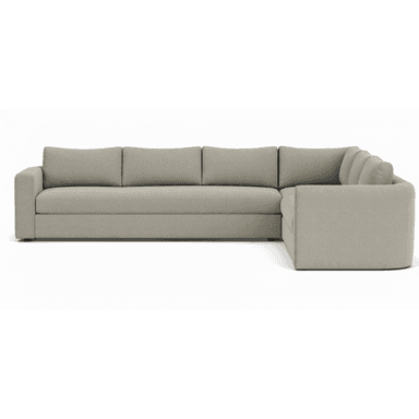 A contemporary L-shaped sectional sofa upholstered in a light greige fabric. It features a deep seating design with thick, plush seat cushions and loose back cushions, resting on a low-profile base. — 3D model (AI enhanced source)