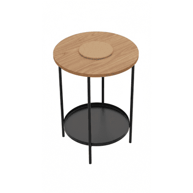 A modern, minimalist round side table featuring a light wood tabletop with a central circular cork inlay, supported by a slender black metal rod frame that also holds a lower circular black metal tray shelf. — 3D model (AI enhanced source)
