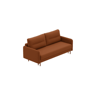 A contemporary two-seater sofa featuring a minimalist design, upholstered in a warm, burnt orange fabric. It has slim track arms, two segmented back cushions, and a single deep seat cushion, suggesting a convertible sofa bed functionality. The sofa is supported by slender black metal legs, elevating its sleek profile. — 3D model (AI enhanced source)