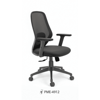 A modern ergonomic office chair featuring a breathable mesh back, padded fabric seat, adjustable T-armrests, and a five-star caster base. The chair is dark gray, indicating a contemporary and functional design. — 3D model (AI enhanced source)
