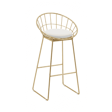 A contemporary bar stool featuring a gold-finished metal wireframe seat and backrest, complemented by a round white upholstered cushion, all supported by a matching gold metal base with integrated footrests. — 3D model (AI enhanced source)
