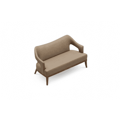 A two-seater sofa with a tufted back and seat. The frame is made of dark wood and the upholstery is a neutral-toned fabric. — 3D model (AI enhanced source)
