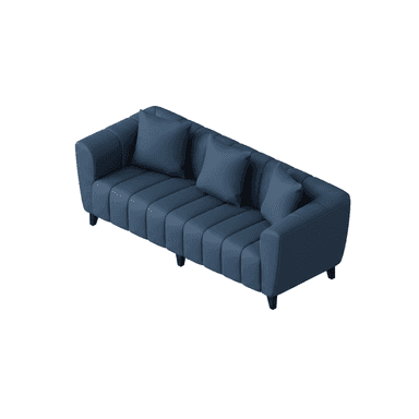 A contemporary blue sofa featuring prominent channel tufting on the seat and backrest, complemented by gently flared arms. It is upholstered in a solid blue fabric and rests on four tapered, dark-stained wooden legs. The sofa includes three matching throw pillows. — 3D model (AI enhanced source)