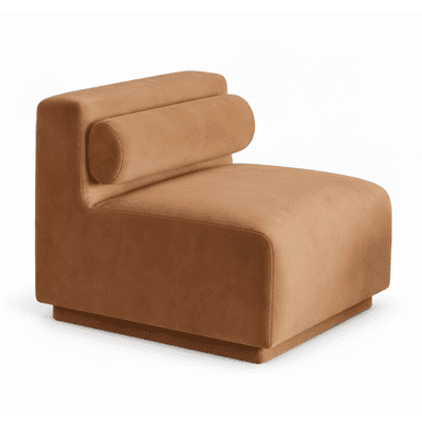 A modern armless lounge chair featuring a low-profile, blocky silhouette. It is upholstered in a plush, camel-colored fabric and includes a distinctive cylindrical bolster cushion seamlessly integrated into the backrest. The chair rests on a recessed plinth base, contributing to its clean and minimalist aesthetic. — 3D model (AI enhanced source)