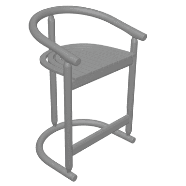 A tall, contemporary bar stool rendered in a uniform grey tone, featuring a distinctive rounded backrest that flows into armrests and a slatted seat. The design incorporates a circular footrest for user comfort. — 3D model (AI enhanced source)