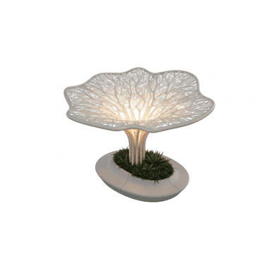 An organic sculptural LED table lamp featuring a white, translucent, biomorphic shade with intricate vein-like patterns. The shade is supported by a multi-stemmed column that emerges from an oval base. The base contains an integrated planter filled with artificial green foliage, adding a natural element to the contemporary design. The internal light source illuminates the patterned shade, creating a soft, ambient glow. — 3D model (AI enhanced source)