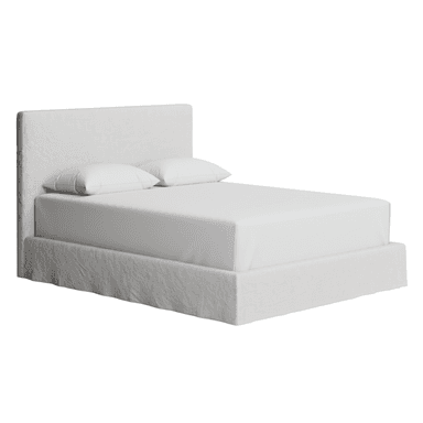 A modern upholstered platform bed featuring a simple, rectangular headboard and a fabric-wrapped bed frame. The entire structure, including the headboard and base, is covered in a light-colored, possibly linen or cotton, fabric with a slightly textured finish. The bed includes a mattress and two pillows, all covered in plain white sheets, resting within the upholstered frame. The design is minimalist and clean-lined, with the fabric covering extending to the floor around the base. — 3D model (AI enhanced source)