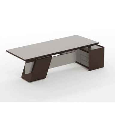 A contemporary executive desk featuring an L-shaped configuration with integrated storage, supported by an asymmetrical, angled base. — 3D model (AI enhanced source)