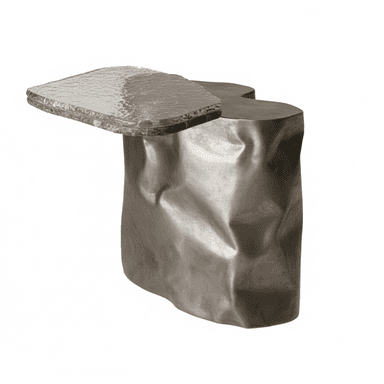 A unique accent table featuring a heavily textured, crumpled cast metal base and an irregularly shaped, thick textured glass top. The base has an organic, fluid form with intentional creases and folds, finished in a dark, metallic tone. The glass top is clear, displaying a molten or rippled surface texture, and extends assymetrically over one side of the base, creating a dynamic visual balance. The design is contemporary and sculptural, making it a focal point. — 3D model (AI enhanced source)