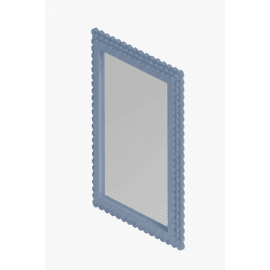 A rectangular wall mirror featuring a thick, light blue frame with a distinctive scalloped or bobble-like textured edge. The mirror is presented at an angle, highlighting the depth and decorative detail of its frame. — 3D model (AI enhanced source)