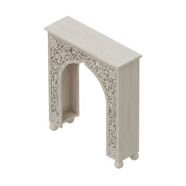 A narrow console table featuring a distinctive arched front intricately carved with floral and vine motifs, presented in a distressed whitewashed wood finish. It has a flat rectangular top and stands on small spherical feet. — 3D model (AI enhanced source)