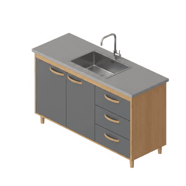 A modern, freestanding kitchen sink cabinet featuring a grey countertop with an integrated stainless steel sink and a gooseneck faucet. The cabinet body is made of light-colored wood, housing two grey cabinet doors on the left and three grey drawers on the right, all with wooden semi-circular pull handles. The unit stands on four short, tapered wooden legs. — 3D model (AI enhanced source)