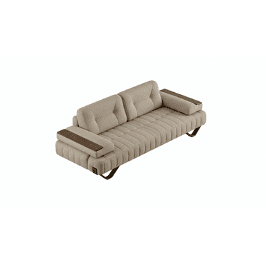 A contemporary three-seater sofa upholstered in beige fabric, featuring distinctive channel tufting on the seat and diamond quilting on the back cushions. It has integrated armrests with dark-stained wooden panels and cylindrical bolster pillows. The entire piece is supported by a minimalist, dark-finished metal base with an open, curvilinear design. — 3D model (AI enhanced source)