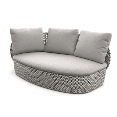 A contemporary curved outdoor sofa featuring a woven base and backrest with a geometric pattern, topped with light grey cushions. — 3D model (AI enhanced source)
