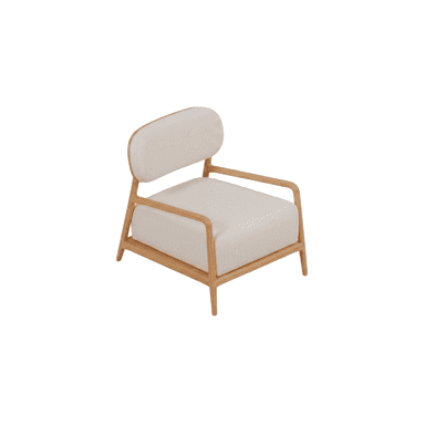 A modern lounge chair featuring an open, light-toned wooden frame and light-colored fabric upholstery. The chair has a block-like seat cushion and a curved, padded backrest, both upholstered in a neutral textile. The frame includes integrated armrests and four subtly splayed legs, giving it a minimalist and inviting appearance. The design emphasizes clean lines and natural materials. — 3D model (AI enhanced source)