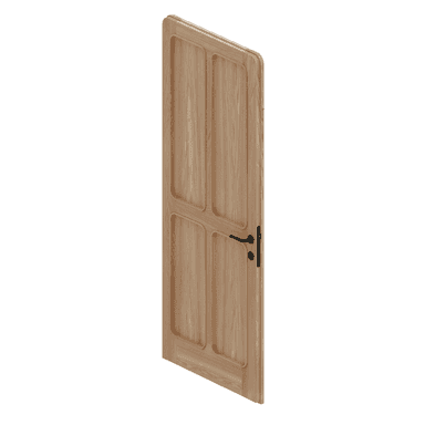 A single interior door with a natural wood grain finish. The door features a paneled design with two rectangular recessed panels on the upper section and two similar panels on the lower section, separated by a horizontal rail. The edges of the door have a rounded profile. A black metal door handle with a lever mechanism is attached to the right side of the door, indicating it is hinged from the left when viewed from this perspective. — 3D model (AI enhanced source)