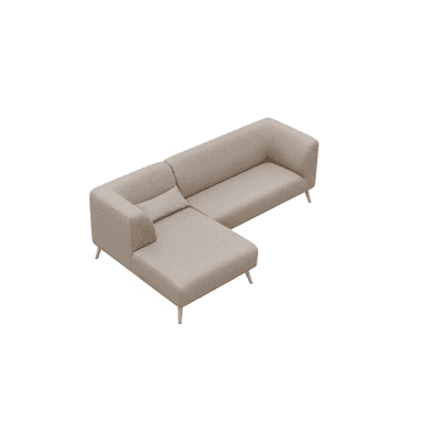 A modern sectional sofa with a chaise lounge extension. The sofa features a low profile, clean lines, and is upholstered in a textured beige fabric. It has thin, tapered wooden legs and includes one lumbar pillow. — 3D model (AI enhanced source)