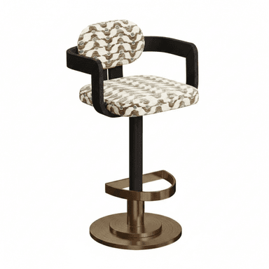 A contemporary upholstered bar stool featuring a dark-toned wooden frame for the armrests and back support, a patterned fabric on the seat and backrest, and a dark bronze/brass metallic base with a circular footrest. The stool has a swivel mechanism. — 3D model (AI enhanced source)