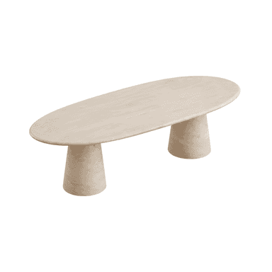 An oval-shaped coffee table crafted entirely from light beige travertine stone, featuring a flat tabletop supported by two stout, cylindrical, slightly conical pedestal bases. The design is minimalist and sculptural. — 3D model (AI enhanced source)