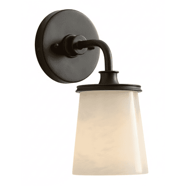 A wall-mounted lighting fixture featuring a dark bronze finish and a translucent, tapered alabaster glass shade, designed to provide ambient illumination. — 3D model (AI enhanced source)