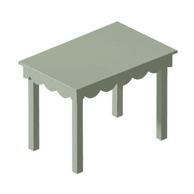 A small, rectangular dining table with a scalloped apron beneath the tabletop and four straight legs. The table is painted a solid, muted green color. — 3D model (AI enhanced source)