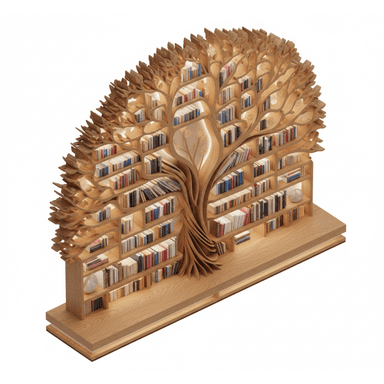A unique bookshelf designed to resemble a tree, with branches and leaves forming the structure for shelves. The design incorporates integrated lighting within the shelves and behind the tree trunk, illuminating the books. — 3D model (AI enhanced source)