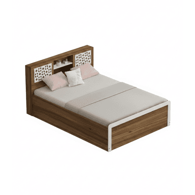 A modern platform bed frame featuring a dark wood grain finish and white accents. The headboard is integrated, providing an open shelving unit flanked by decorative white panels with a geometric perforated pattern. The bed frame has a robust, low-profile design, with white metal or painted wood strips defining the edges of the footboard and side rails, giving it a contemporary look. — 3D model (AI enhanced source)