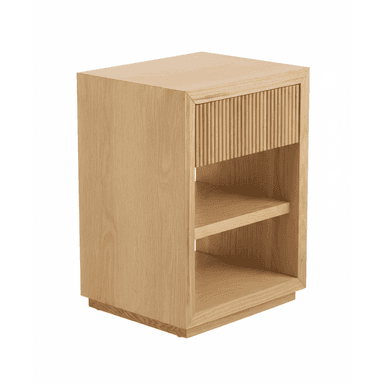 A modern nightstand crafted from light-toned wood, featuring a single top drawer with a distinct fluted or reeded facade, positioned above two open storage shelves. The unit rests on a recessed plinth base, giving it a slightly floating appearance. The overall design is minimalist and contemporary. — 3D model (AI enhanced source)
