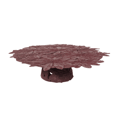 A low coffee table featuring an intricately sculpted, organic design. The tabletop is composed of numerous overlapping leaves, creating a textured surface, and the base also exhibits a botanical, carved appearance. The entire piece is finished in a uniform dark burgundy or maroon color, suggesting a composite material or a painted/lacquered finish on wood or metal. — 3D model (AI enhanced source)