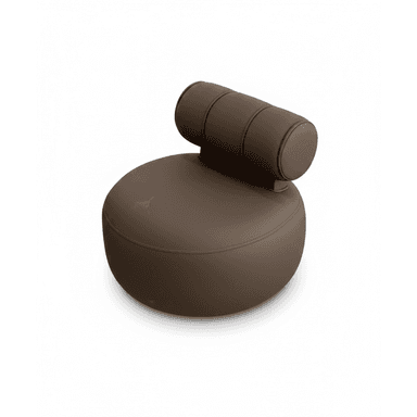 A modern, armless lounge chair featuring a low-slung, circular seat and a distinctive cylindrical bolster backrest, upholstered in brown leather or high-quality faux leather. — 3D model (AI enhanced source)