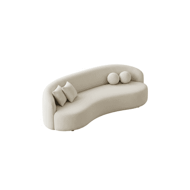 An asymmetrical curved sofa upholstered in a light beige, subtly textured fabric. It features a continuous, low-profile backrest and armrest, flowing into a single, organic form. The sofa is accompanied by two small rectangular throw pillows and two spherical decorative cushions, all in matching upholstery. — 3D model (AI enhanced source)