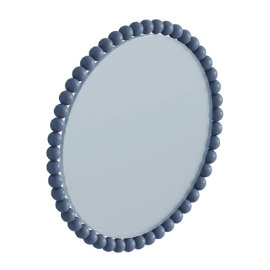 A round wall mirror featuring a unique frame composed entirely of uniformly sized, matte blue spherical beads. The beads are arranged tightly around the circular reflective glass, creating a distinctive scalloped edge. — 3D model (AI enhanced source)